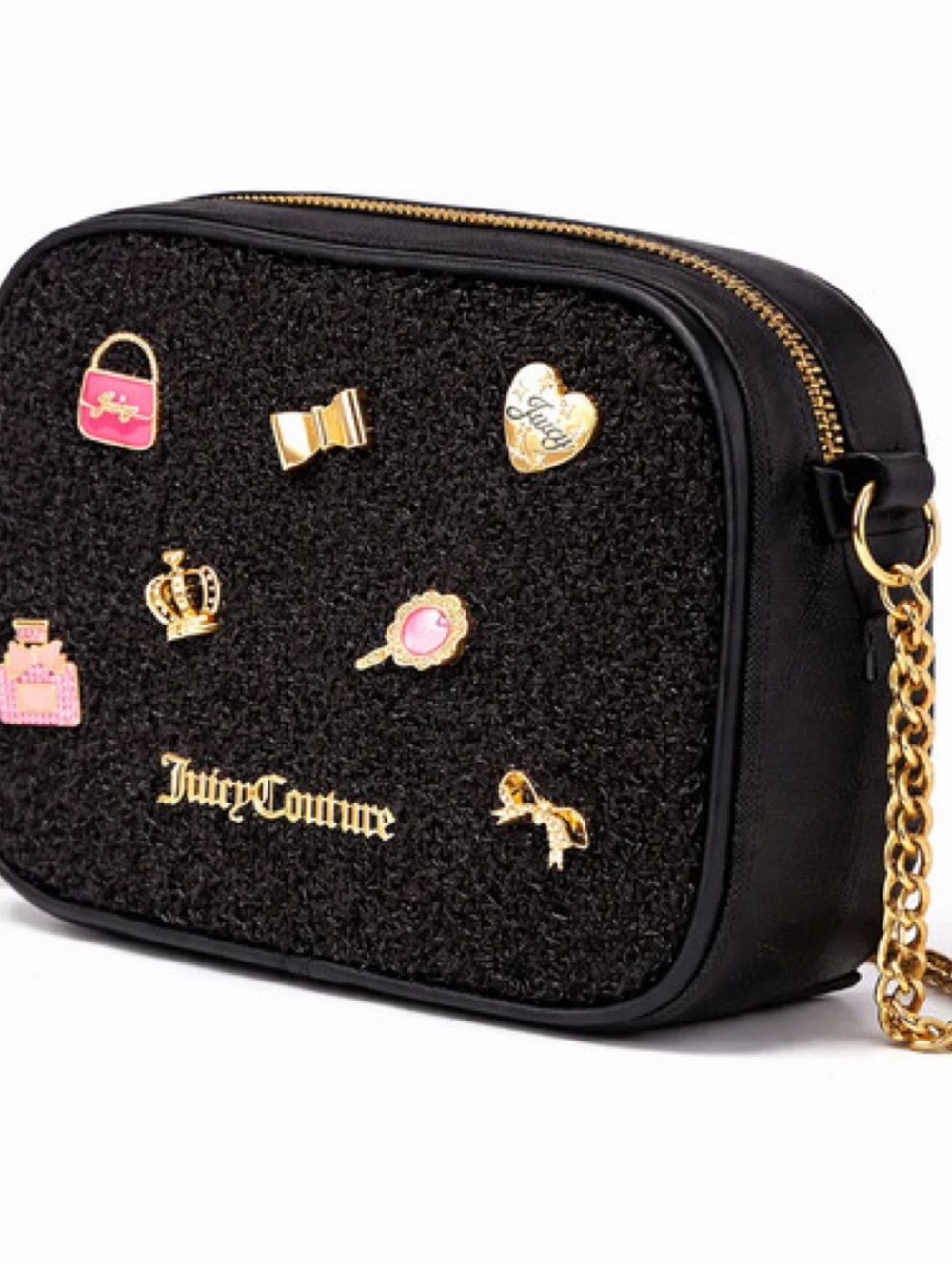Juicy Couture Black Crossbody Bag with Gold & Pink Charm Accents